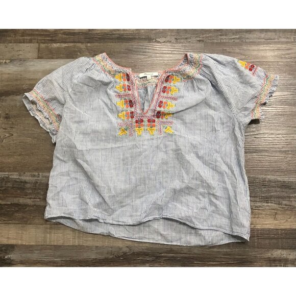 Madewell Embroidered Penny Peasant Top Womens Medium Blue Cotton - Picture 1 of 7